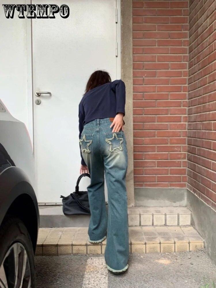 Американские новые прямые джинсы со звездами и контрастной нашивкой, женские тренды уличной моды Y2K, неоготические повседневные свободные широкие джинсы, уличная одежда