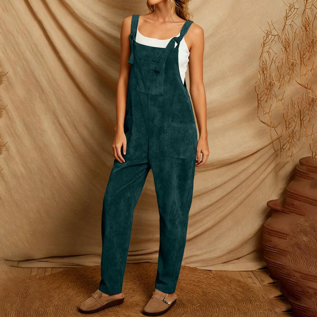 Women's Solid Color Corduroy Wide Leg Overalls Sleeveless Vest Pocket Casual Jumpsuit
