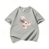 Kids Cotton T Shirt Cute Mouse Holding Hydrangea Flower Print Crew Neck Short Sleeve Tee Casual Boys Girls Summer Tops