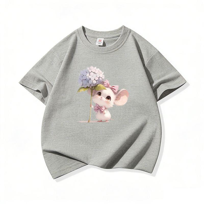Kids Cotton T Shirt Cute Mouse Holding Hydrangea Flower Print Crew Neck Short Sleeve Tee Casual Boys Girls Summer Tops