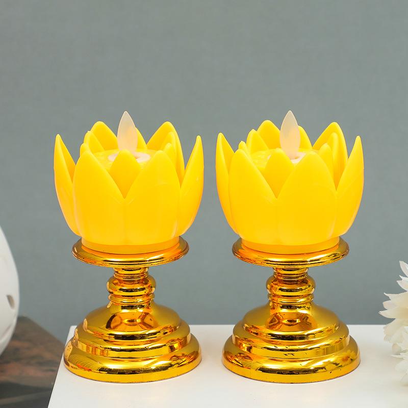 2-Pack Temple Flameless LED Lotus Candle with Base Safe and Smokeless Electronic Candle for Party Buddha-karya Festival
