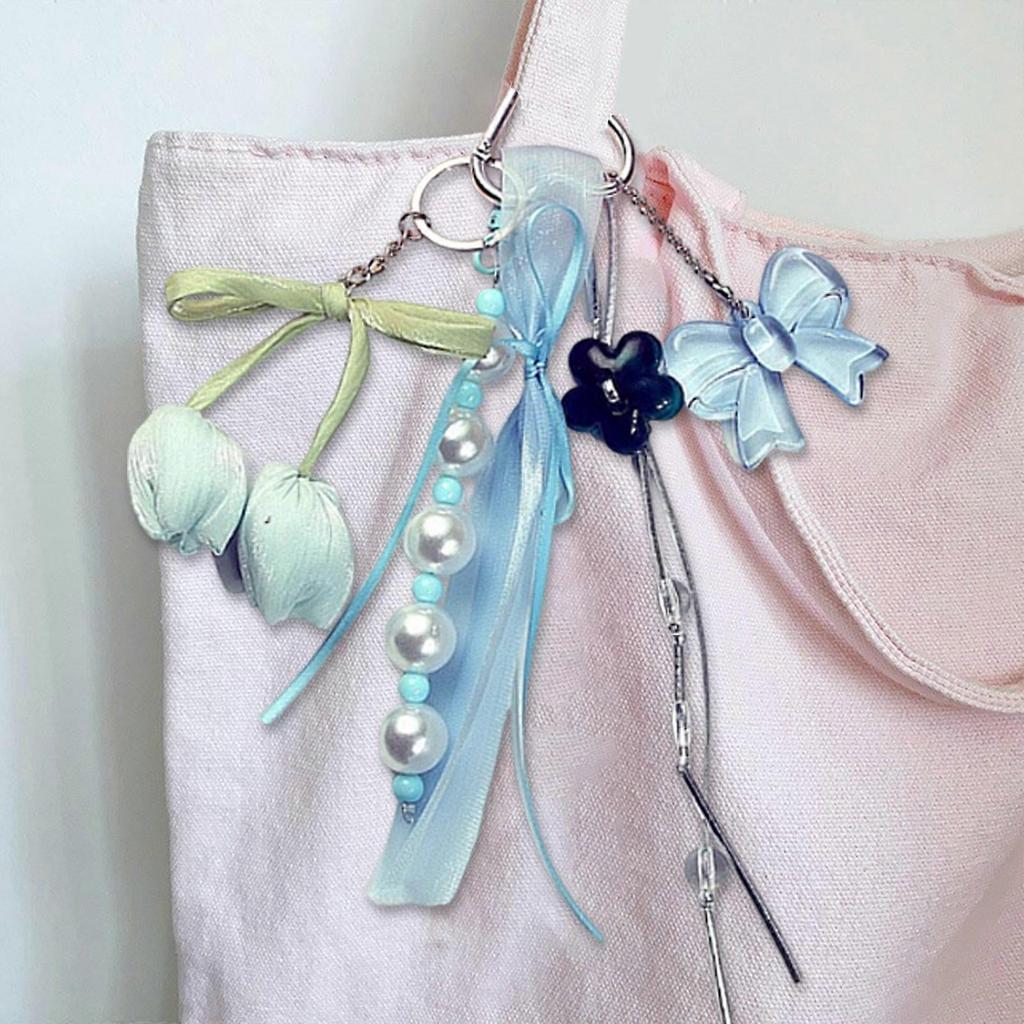 Flower Bowknot Keyring with Soft Ribbon Portable Bag Pendant Elegant Key Holder Acrylic Texture Present for Women Girl Purple