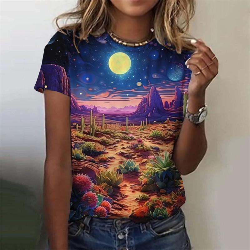 Summer Round Neck 3D Natural Scenery Printed Top Fashionable Casual Sunset Plants Pattern Short Sleeved Women's T-shirts