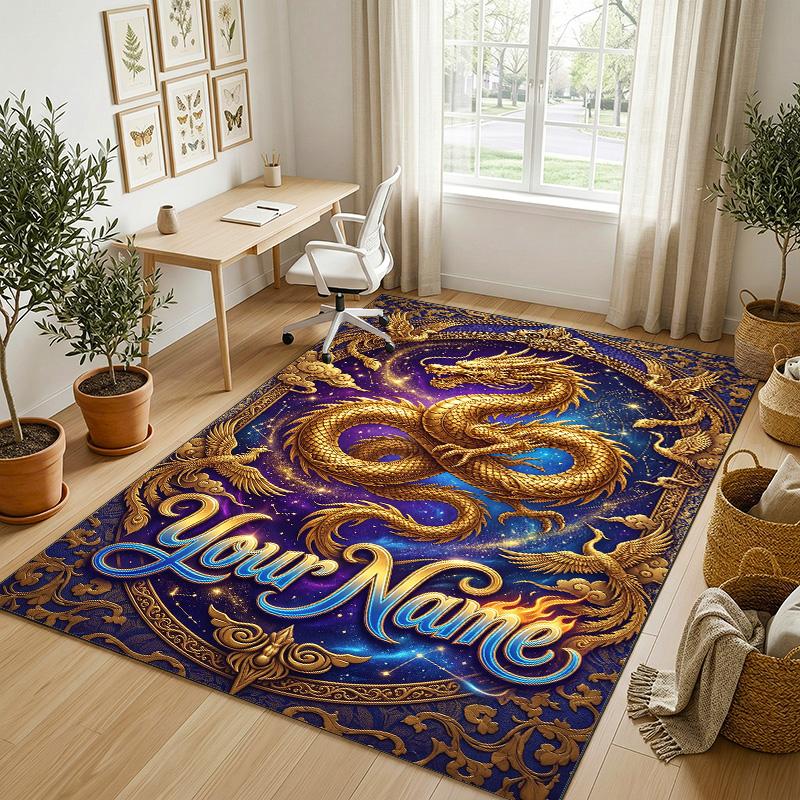 Dragon Phoenix Theme Crystal Velvet Rug Personalized Custom Name Text Soft Floor Mat Home Decor