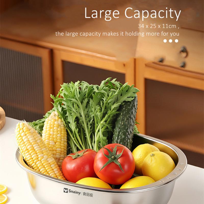 Food-grade Stainless Steel Basin and Colander Set Washing and Draining 2 in 1 Kitchen Accessories Ultrasonic Polishing Gadgets6