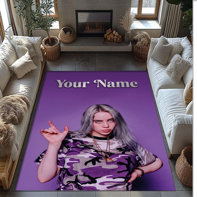 Billie Eilish Crystal Velvet Rug, Custom Name Text Personalized Non‑Slip Floor Mat for Home Decor Gift