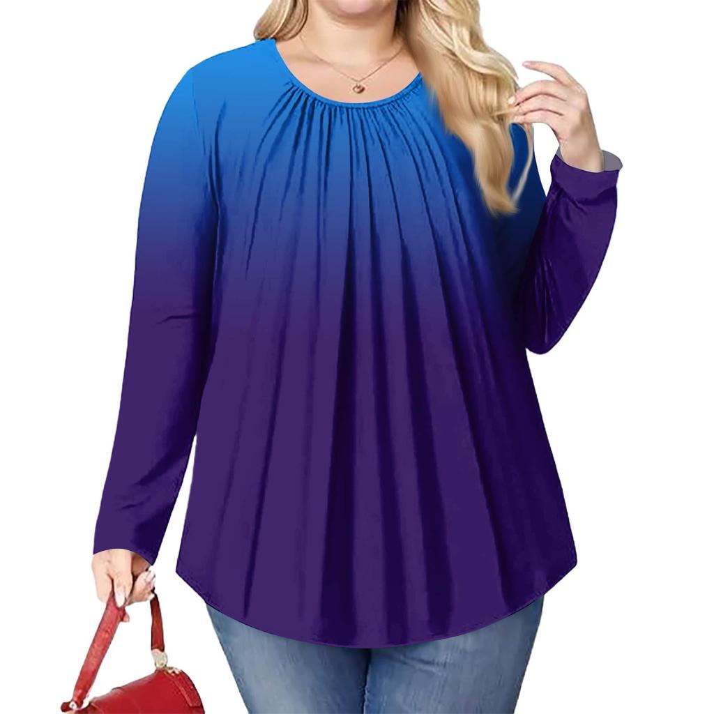 Женский модный топ большого размера с принтом, повседневный плиссированный, с круглым вырезом и длинными рукавами