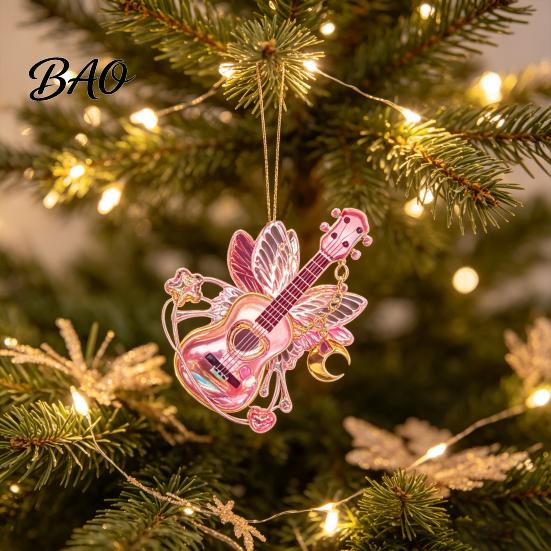 Creative Hanging Guitar Ornaments Pink Butterfly Ornament, Acrylic Music Decor with Rose Artistic Baubles And Quote, Christmas Tree Pendant,