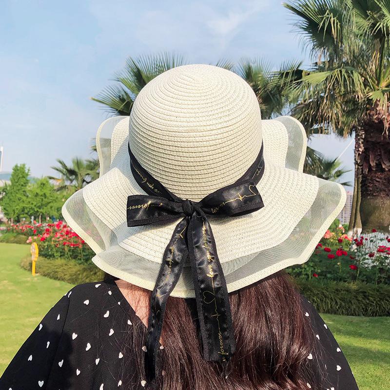 New Female Net Yarn Straw Hat Outdoor Hat Beach Hat Sun Straw Hat Wide Brim Floppy Hat