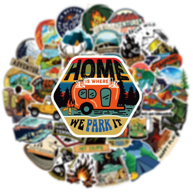Forest Camping Stickers Cartoon Hiking Outdoor Scenery Decals for Laptop Luggage DIY Decoration 50pcs Set
