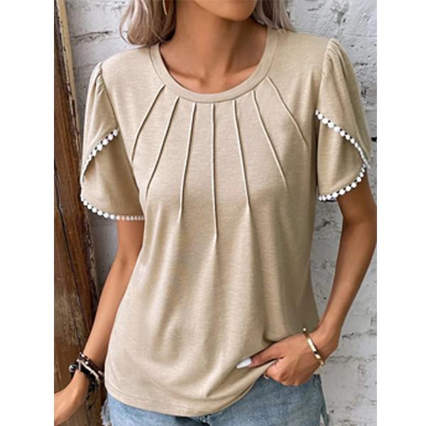 Women's Summer New Round Neck Solid Crimp Short Sleeve Lace Casual T-shirt