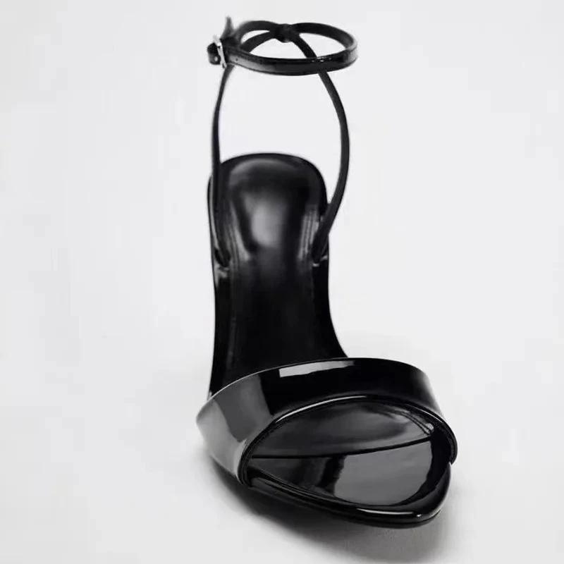 Fashion Elegant Round-Toe Ankle Buckle Design High-Heel Sandals Women High-Quality Patent Leather Brand Heels Sexy Open-Toe Dress Shoes