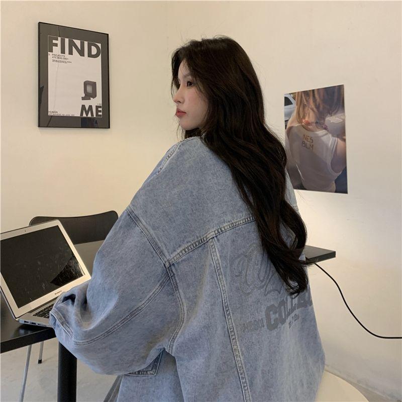 Джинсовая куртка женская большого размера осенняя ретро-стиль BF с принтом букв, свободный топ с длинными рукавами