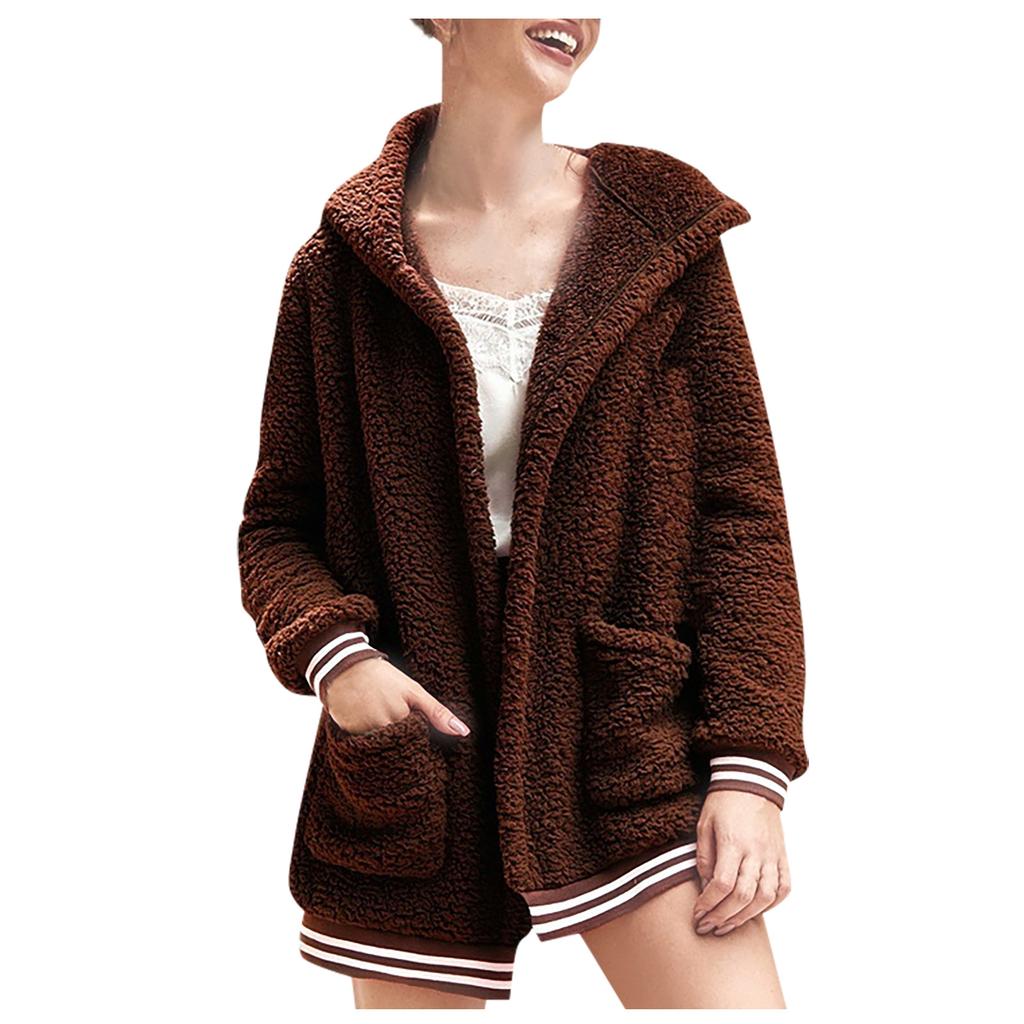 Women's And Winter Loose Solid Color Stitching Long-Sleeved Pockets Plush Hooded Cardigan Coat