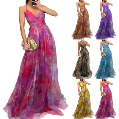 Женское летнее платье с V-образным вырезом, сетчатым принтом, на подтяжках, праздничное повседневное вечернее платье