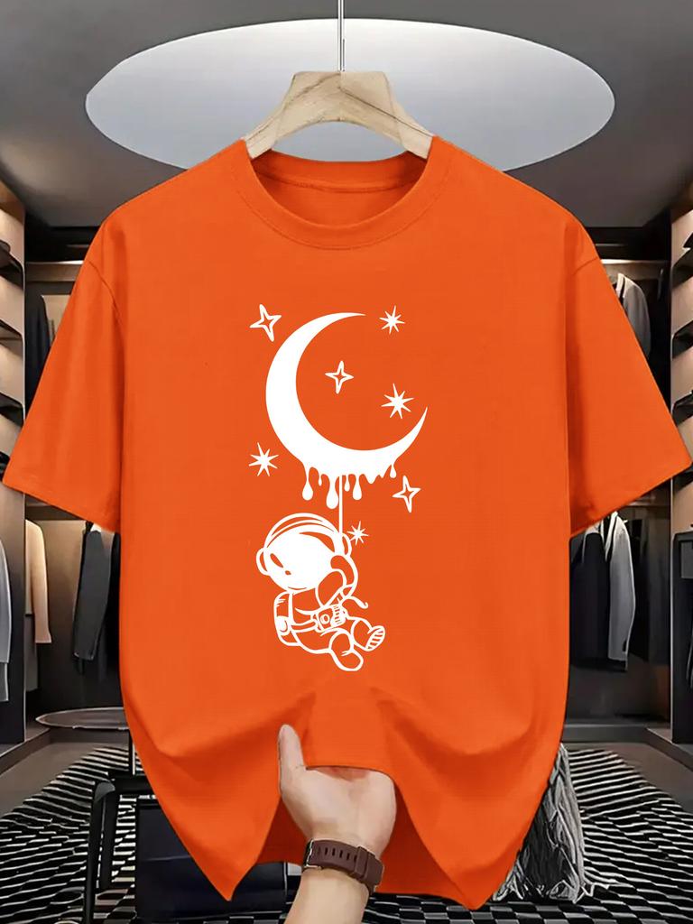 Unisex Crew Neck Tee Astronaut Moon Star Cartoon Graphic Print Soft Cotton Loose Short Sleeve Summer Casual Male Streetwear Tops