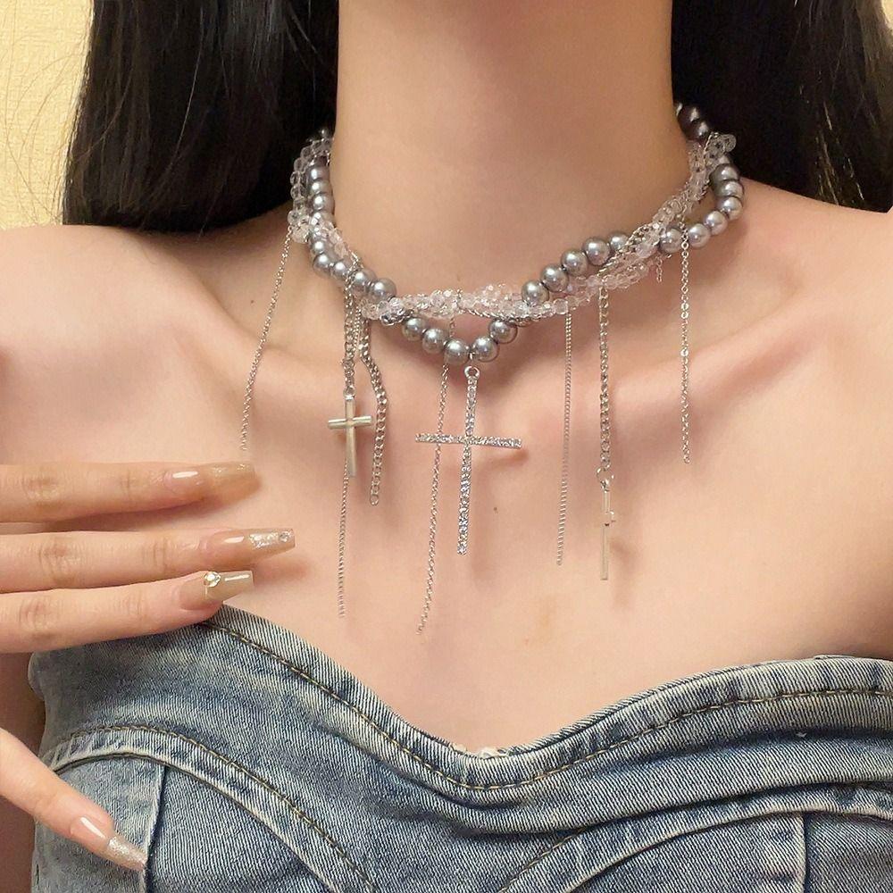 Multi-Layer Pearl Necklace Spice Girl Cross Pendant Necklace New Women's Choker