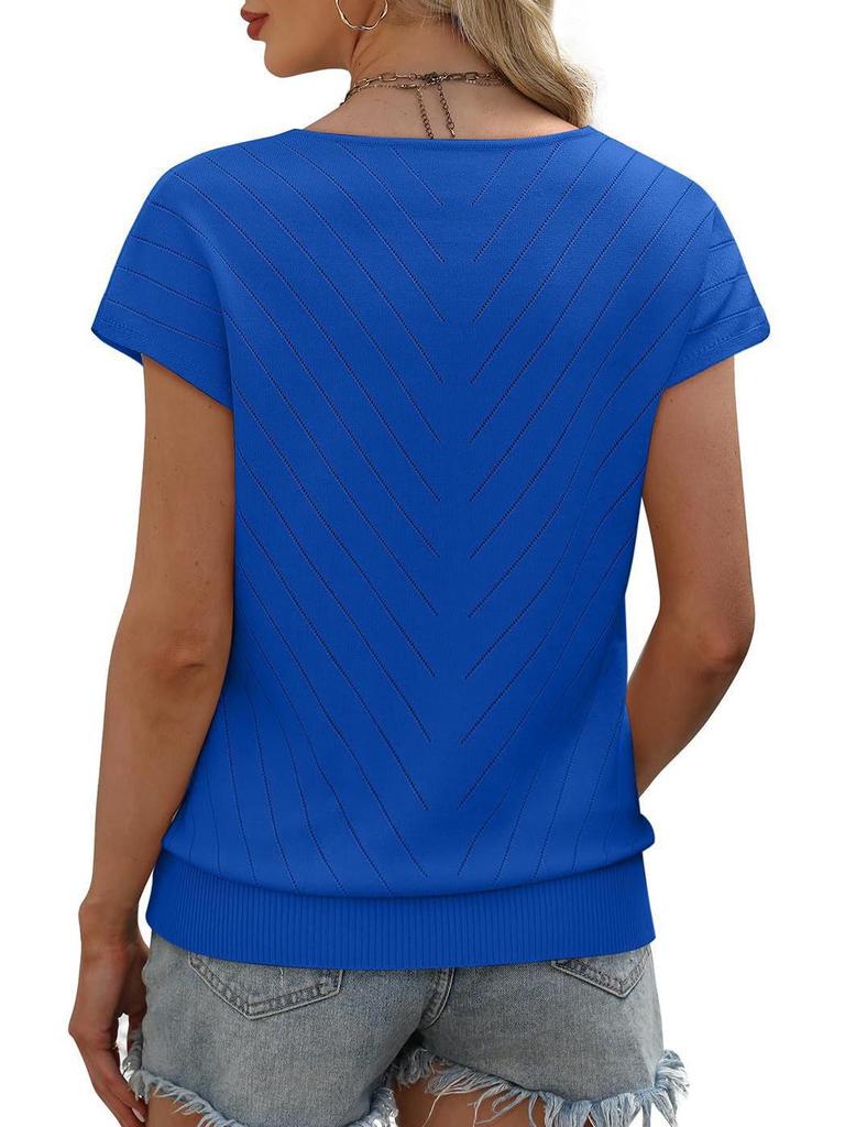 Летний горячий тренд 2026 года Пляжный отдых Короткий рукав V-образный вырез Ажурный повседневный вязаный свитер для женщин