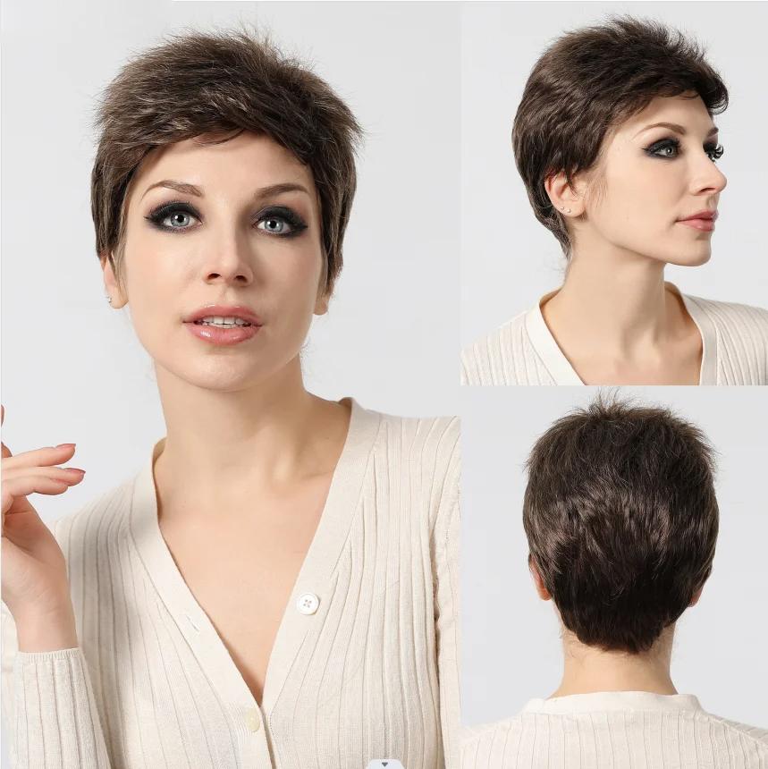 ALAN EATON Черно-коричневые синтетические парики с мелированием Короткие прямые парики для женщин Натуральные волосы Термостойкие парики с челкой