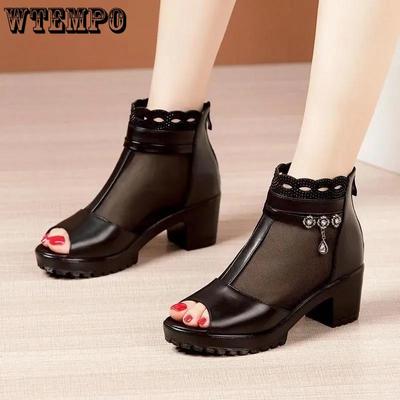 Кожаные сандалии в сетку, женские летние крутые туфли для мам с мягкой подошвой, толстый каблук, римская молния сзади