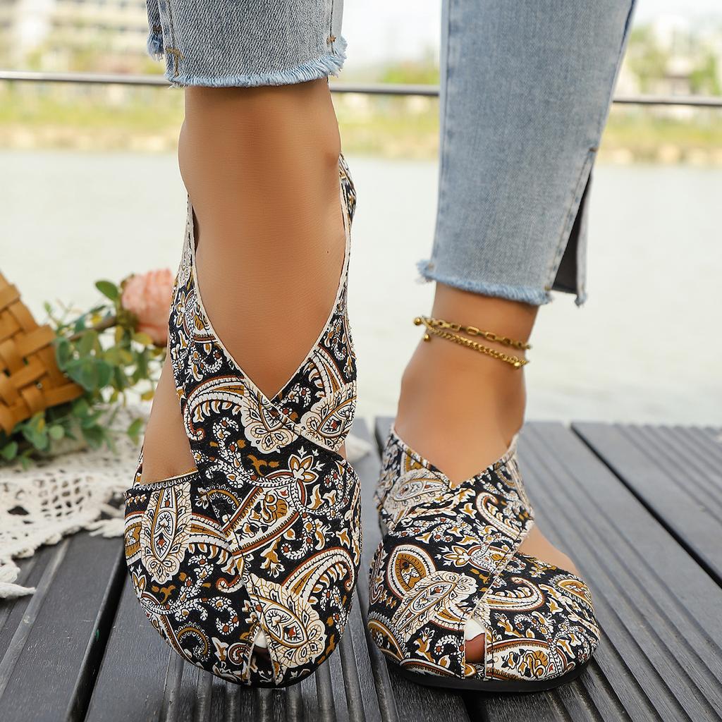 Женские сандалии Новые летние в богемном стиле Обувь больших размеров для женщин Модные этнические принты Римский стиль Плоские сандалии Zapatos De Mujer