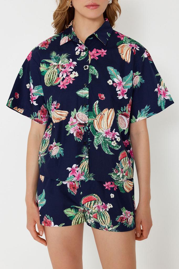 Women's Style Bottom-Top Set Clothes Tropical Patterned Woven Shirt Shorts Set