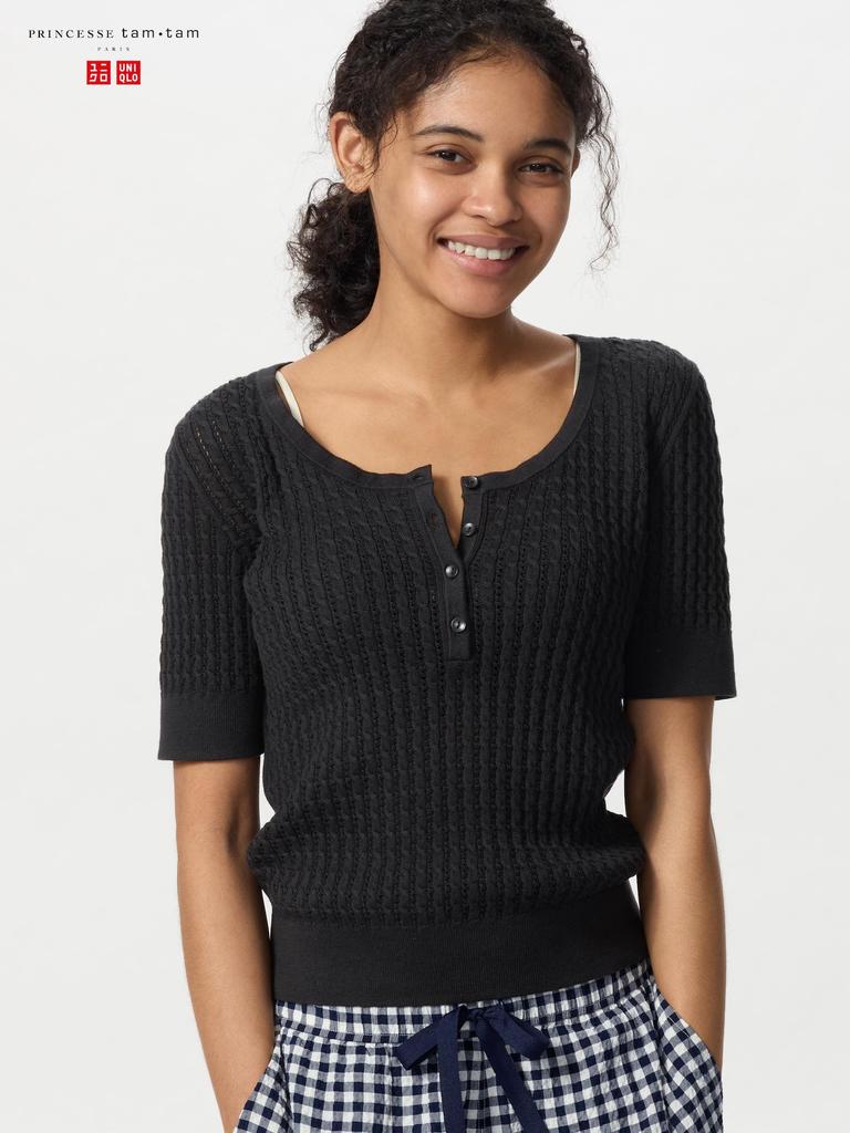 Uniqlo Японский вязаный свитер с воротником-хвостом и коротким рукавом