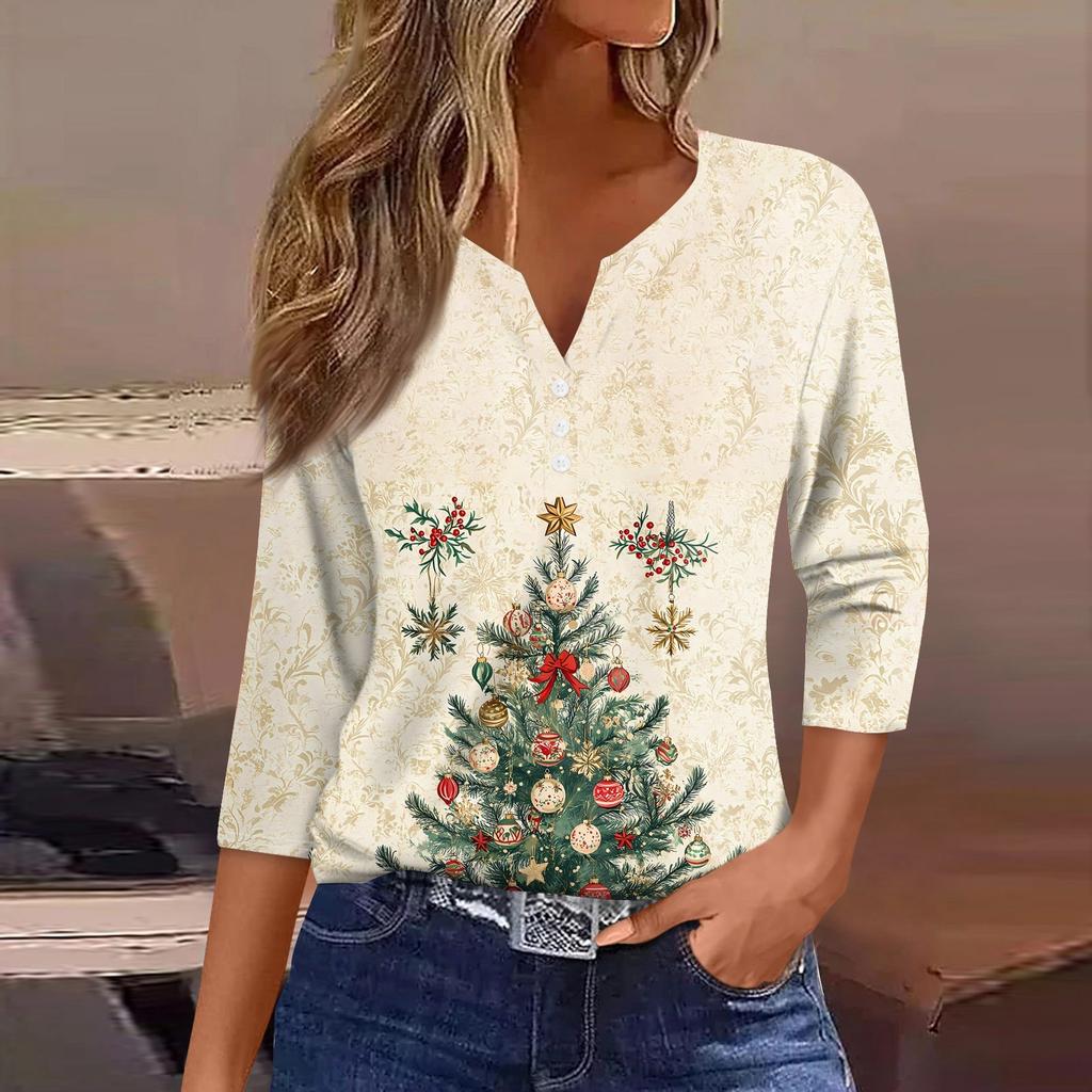 Women's T Shirt Christmas Print Button 3/4 Sleeve Daily Weekend Fashion Basic V- Neck Regular Top