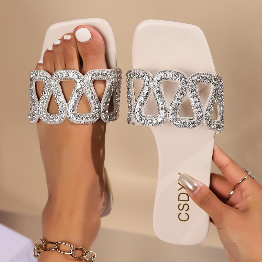 Стразы шлепанцы на плоской подошве женские квадратный носок один педаль домашние тапочки внешняя торговля большой размер FlatSlippers