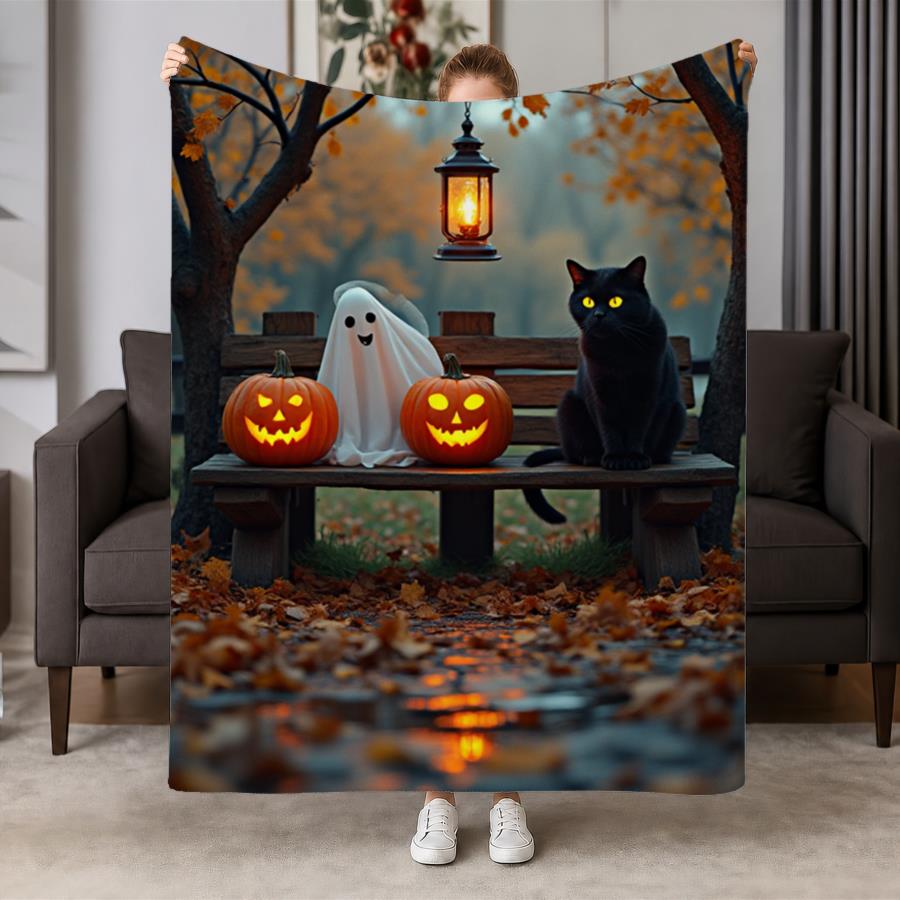 Cozy Spooky Forest Flannel Throw Blanket Suitable for - Warmth - Soft Weighted Bedspread with Jack-o-Lanterns, Ghosts & Black Cat, Machine Washable fo