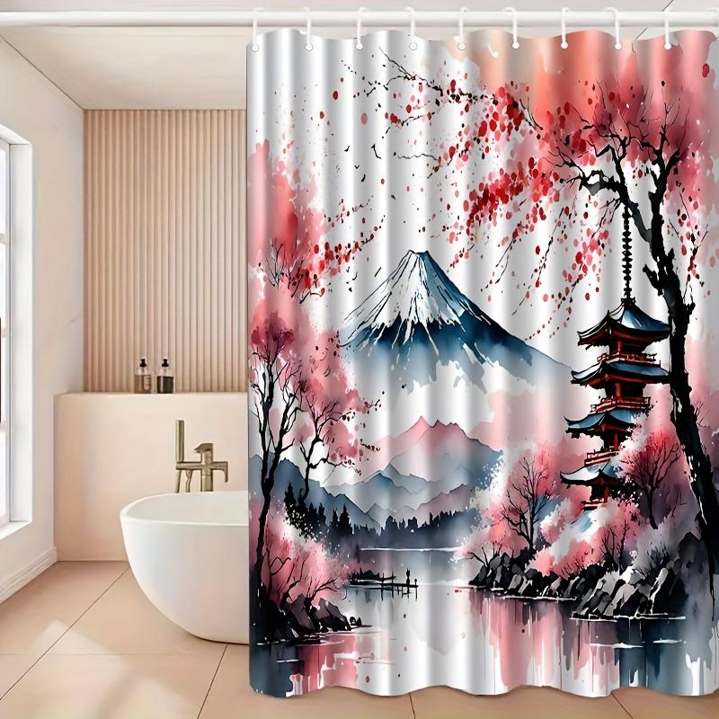 1pc Fuji cherry blossom pattern shower curtain, polyester fabric, machine washable, with hooks, suitable for bathroom decoration