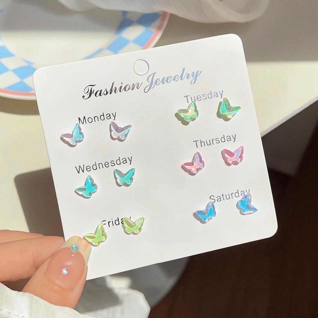 A Suit of Summertime Dazzle Colour Small Stone Sweet Earrings SetS for Women Crystal Clear Butterfly Love Heart Set Paty Jewerly