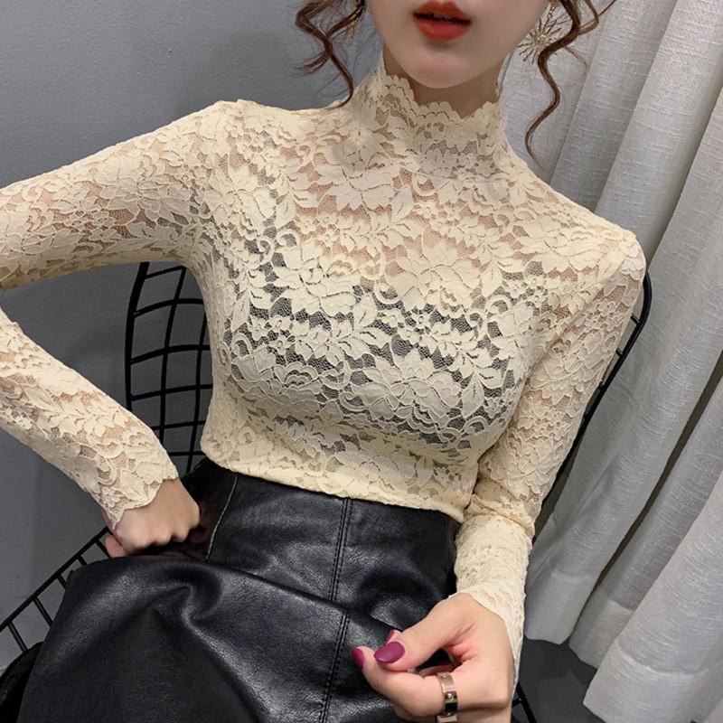 Spring Half High Collar Slim Long Sleeve T-shirt Women Autumn and Winter Hollow Lace Bottoming Shirt Top