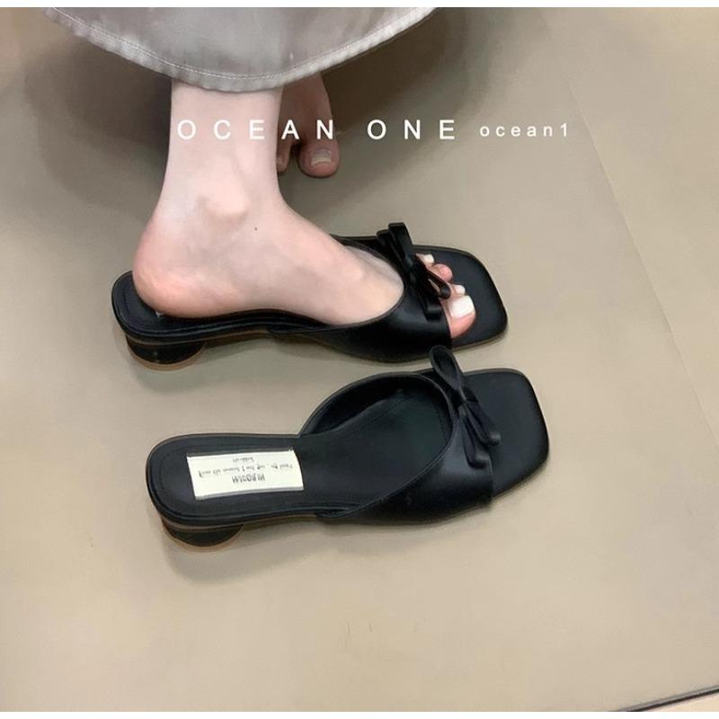Fashion 2025 New Slipper Mules Low High Heels Shoes Summer Best Street Look Females Square Head Open Toe Bow Strappy Sandals Women