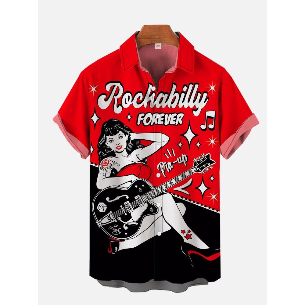 Eye-Catching Fire Electric Guitar Music Elements And Street Scenes3D Printing Short Sleeve Shirts For Men Fashion Hawaiian Shirt