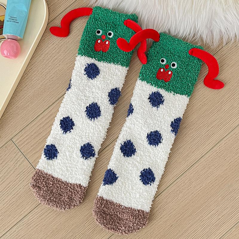 Super Cute Cartoon Socks Medium Tube Socks Season Thickened Warm Coral Fleece Socks Embroidered Expression Floor Sleeping Socks