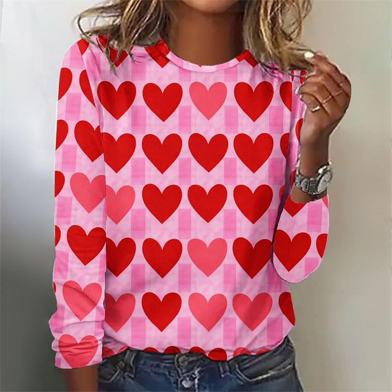Love Heart Graphic 3D Digital Printed Women's Fashionable and Personalized Round Neck Long Sleeved T-shirt