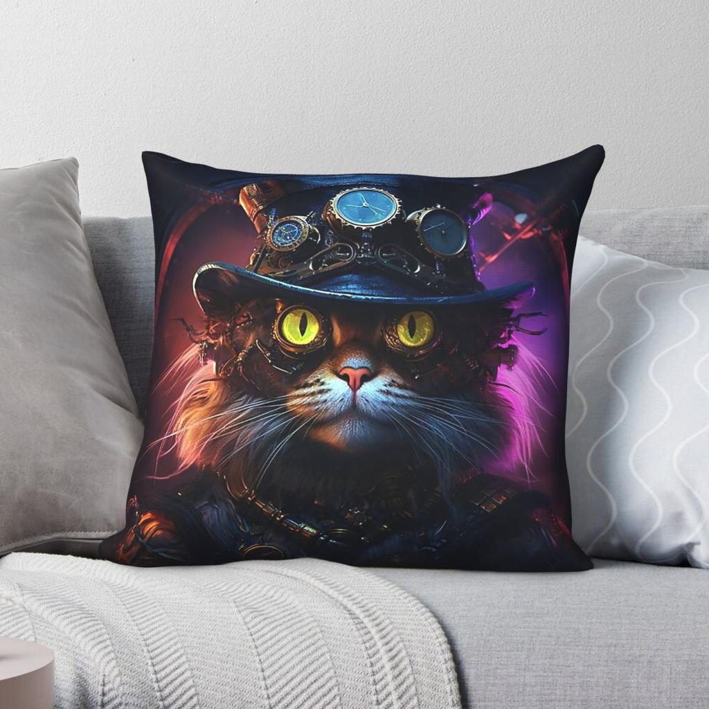 Steampunk Cat Worn Top Hat Square Pillowcase Polyester Linen Velvet Creative Zip Decor Car Cushion Cover