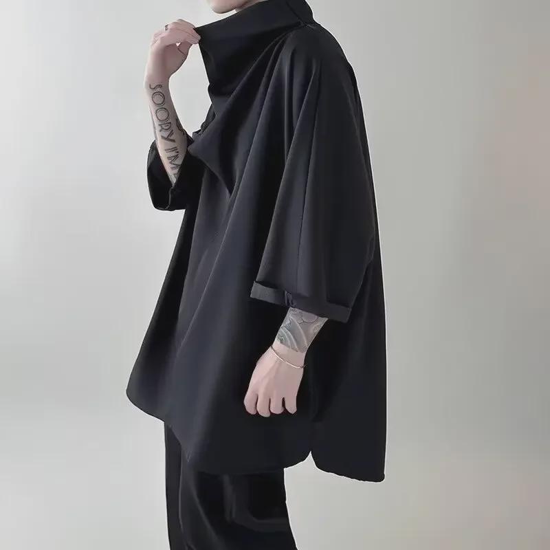 2024 Мужская футболка в китайском стиле высокого качества с короткими рукавами и высоким воротником, свободная драпировка