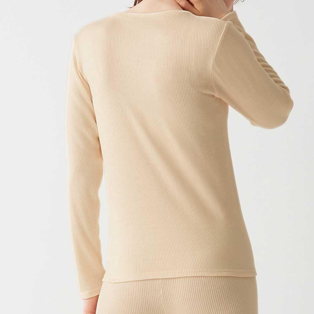 Gunze HOTMAGIC MH8446 Long Sleeve Cotton Warm Inner Rib Lanvin Navy Women's T-Shirt, Blend, Moisture-Wicking, Heat-Generating, Material,