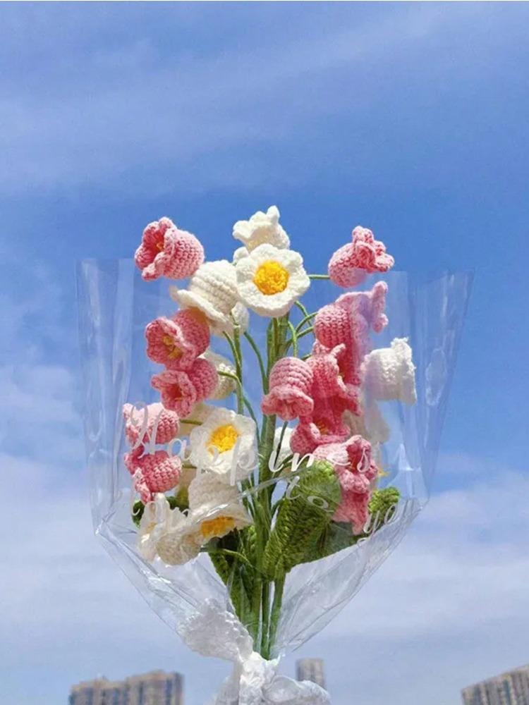 3PCS Artificial Crochet Flowers Handmade Knitting 5Heads Lily of The Valley Woven Flowers with Stems for Valentine's Gifts Home Wedding Party Office