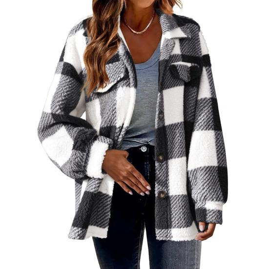 Fall Winter Women Jacket with Fake Pockets Contrast Color Plaid Print Plus Size