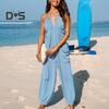 Женский комбинезон макси с плиссировкой, глубоким V-образным вырезом, цельный, длинные брюки для бега с карманами, повседневный пляжный комбинезон без рукавов
