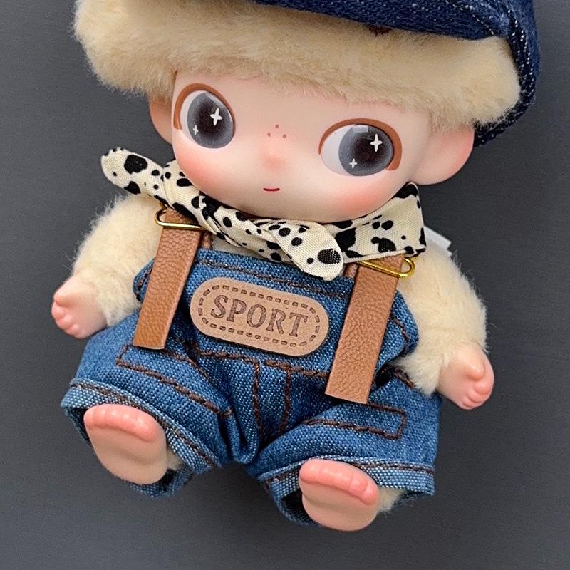 In Stock: Cute Denim Cap & Overalls Set for Dimo Newborn Diary Doll - Plush Toy Blind Box Clothes