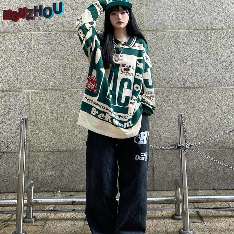 Женская винтажная свободная рубашка-поло свободного размера в стиле хип-хоп с лацканами в стиле Харадзюку для девочек