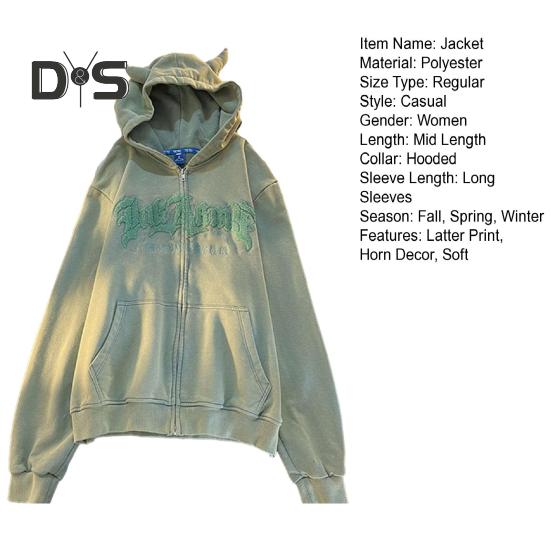 Женская осенне-зимняя куртка на молнии с капюшоном с буквенным узором Свободная толстая с длинным рукавом Теплый роговой декор Карманы Эластичные манжеты Женская куртка средней длины