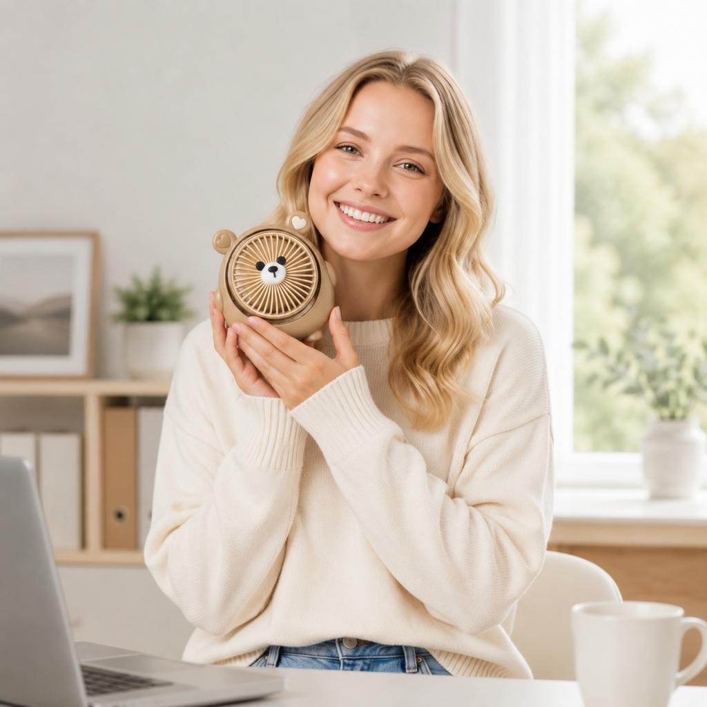 Cute Bear Shaped Desktop Fan USB Rechargeable Portable Small Fan for Office Home Travel Personal Cooling with Adjustable Angle and Quiet Operation