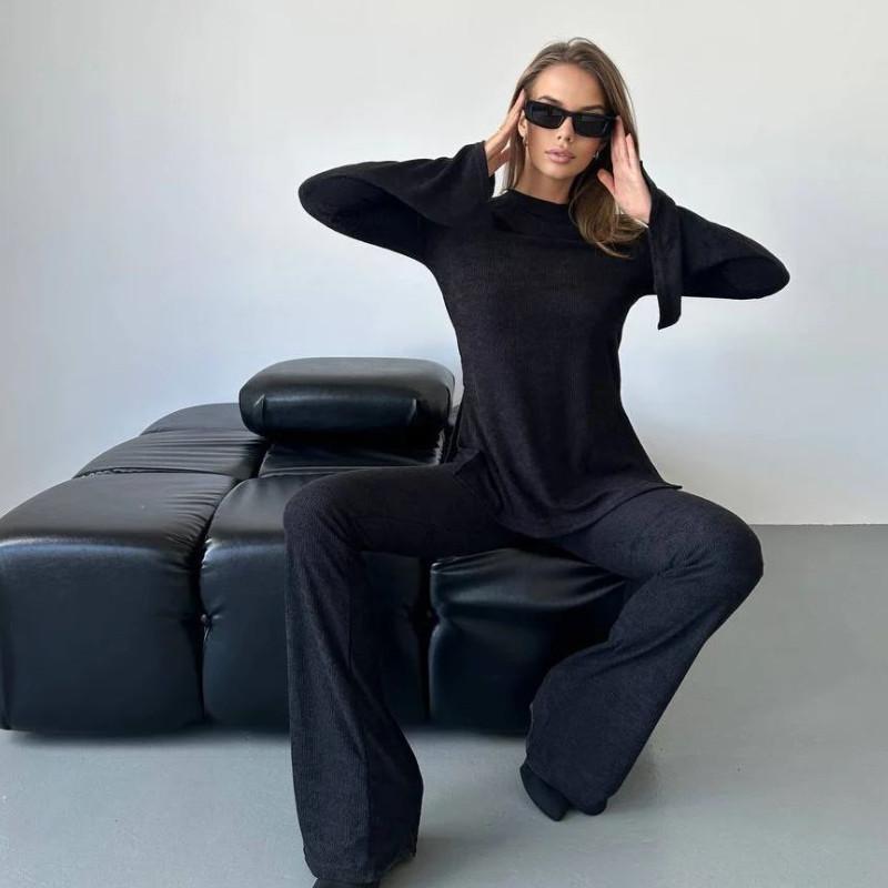 INDFS Women's Fashion Casual Spring Fall Solid Color Print Long Sleeve O-Neck Blouses & Shirts Trousers Pants Suits