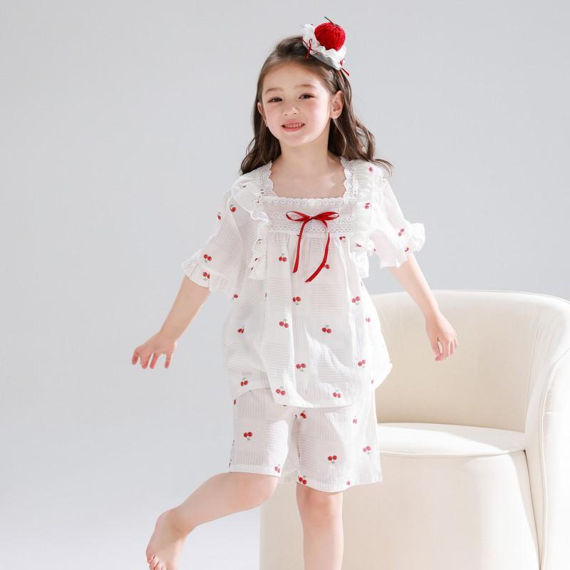 Girls Short Sleeve Pajama Set Cartoon Print Lyocell Sleepwear Home Wear Comfortable Breathable Kids Nightwear