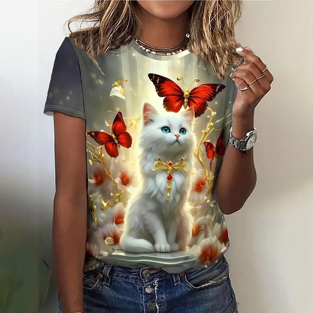 Женская мода 3D абстрактный рисунок кошки напечатаны короткие рукава топы 2024 новая женская одежда футболки летние свободные блузки и футболки